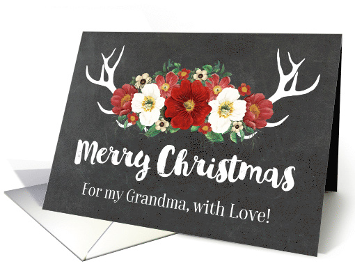 Chalkboard Rustic Antlers Vintage Red Flowers Christmas Grandma card