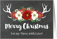 Chalkboard Rustic Antlers Vintage Red Flowers Christmas Niece card