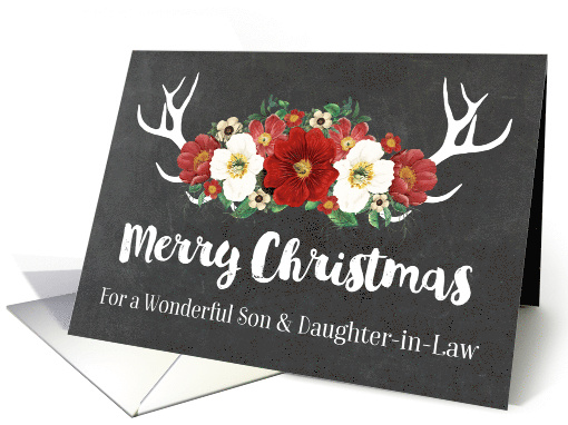 Chalkboard Antlers Red Flowers Christmas Son & Daughter-in-Law card