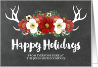 Chalkboard Antlers Red Flowers Happy Holidays Business Christmas card