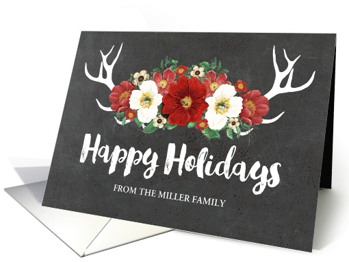 Chalkboard Antlers Red Flowers Happy Holidays Christmas Custom card