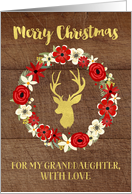 Rustic Red Floral Wreath Gold Deer Wood Christmas Granddaughter card