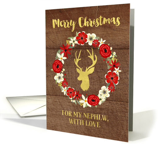 Rustic Red Floral Wreath Gold Deer Wood Christmas Nephew card