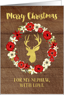 Rustic Red Floral Wreath Gold Deer Wood Christmas Nephew card