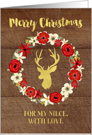Rustic Red Floral Wreath Gold Deer Wood Christmas Niece card