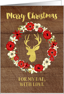 Rustic Red Floral Wreath Gold Deer Wood Christmas Dad card