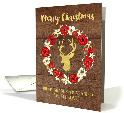 Rustic Red Floral Wreath Gold Deer Wood Christmas Grandparents card