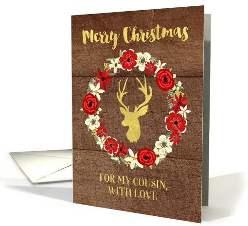 Rustic Red Floral Wreath Gold Deer Wood Christmas Cousin card