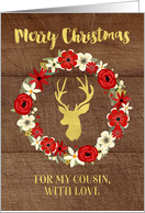 Rustic Red Floral Wreath Gold Deer Wood Christmas Cousin card