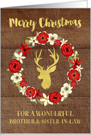 Red Floral Wreath Gold Deer Wood Christmas Brother & Sister-in-Law card