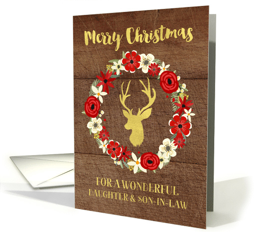 Red Floral Wreath Gold Deer Wood Christmas Daughter & Son-in-Law card