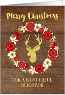 Red Floral Wreath Gold Deer Wood Christmas Neighbor card