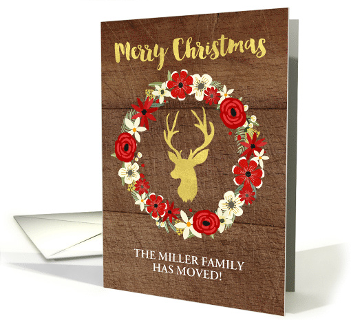Red Floral Wreath Gold Deer Wood Christmas New Address card (1451230)
