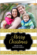 Gold Glitter Effect Stripes Merry Christmas Custom Name Photo card