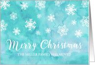 Turquoise Blue Watercolor Snowflake Merry Christmas We’ve Moved Custom card