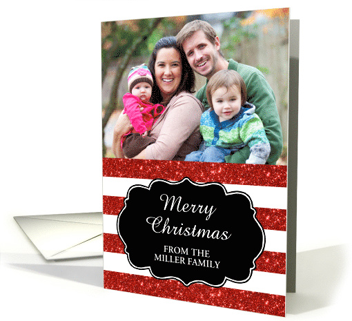 Red Glitter Effect Stripes Merry Christmas Custom Name Photo card