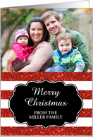 Red Glitter Effect Stripes Merry Christmas Custom Name Photo card