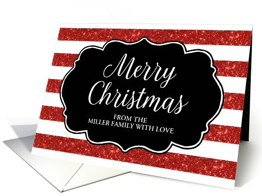 Red Glitter Effect Stripes Merry Christmas Custom Name card (1493798)