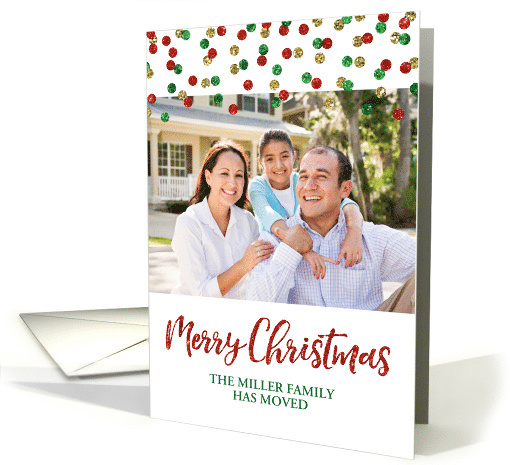 Gold Red Green Confetti Christmas We have Moved Photo card (1542914)