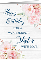 Pink Watercolor Flowers Rustic Wood Sister Birthday Card