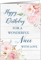 Pink Watercolor Flowers Rustic Wood Niece Birthday Card