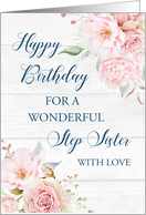 Pink Watercolor Flowers Rustic Wood Step Sister Birthday Card