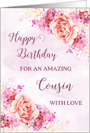 Pink Purple Watercolor Flowers Cousin Happy Birthday Card