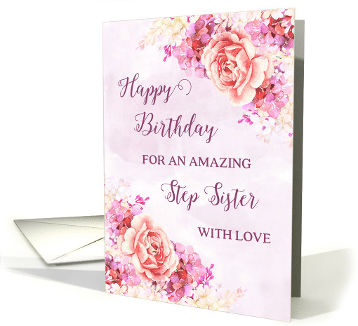 Pink Purple Watercolor Flowers Step Sister Happy Birthday card