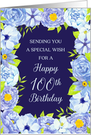 Blue Watercolor Flowers Happy 100th Birthday Card