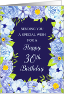 Blue Watercolor Flowers Happy 30th Birthday Card