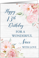 Pink Watercolor Flowers Rustic Niece 13th Birthday Card