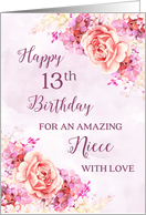 Pink Purple Watercolor Flowers Niece 13th Birthday Card