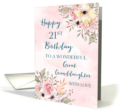 Pink Watercolor Flowers Great Granddaughter 21st Birthday card