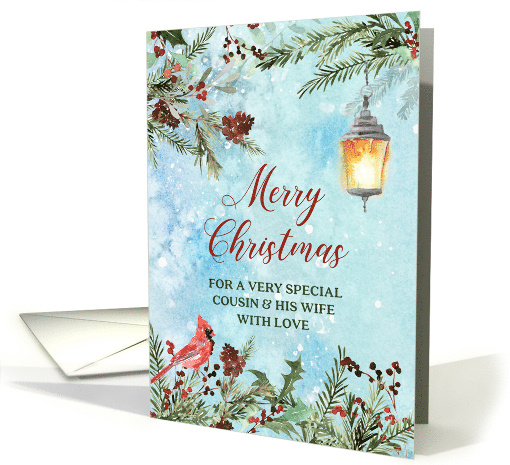 Snowy Winter Greenery Cousin and his Wife Merry Christmas card