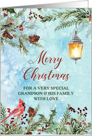 Snowy Winter Greenery Grandson and his Family Merry Christmas card