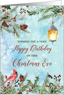 Snowy Winter Greenery Birthday on Christmas Eve card