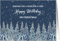 Snowy Night Winter Forest Birthday on Christmas card