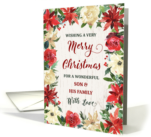 Rustic Winter Flowers Son and his Family Merry Christmas card
