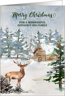 Rustic Forest Cabin Godson and his Family Merry Christmas card