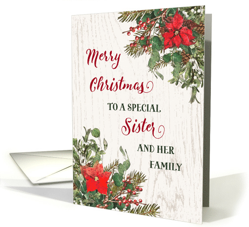 Rustic Winter Floral Sister and her Family Merry Christmas card