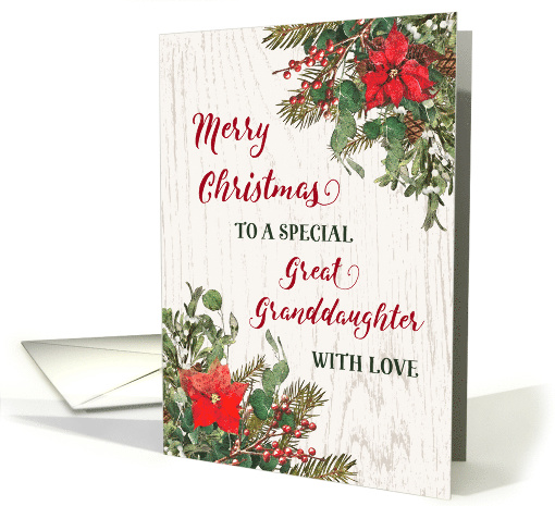 Rustic Winter Floral Great Granddaughter Merry Christmas card