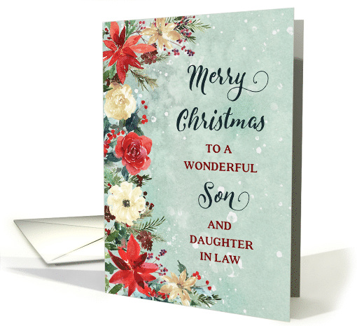Snowy Rustic Floral Son and Daughter in Law Merry Christmas card