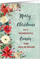 Snowy Rustic Floral Cousin and her Husband Merry Christmas card