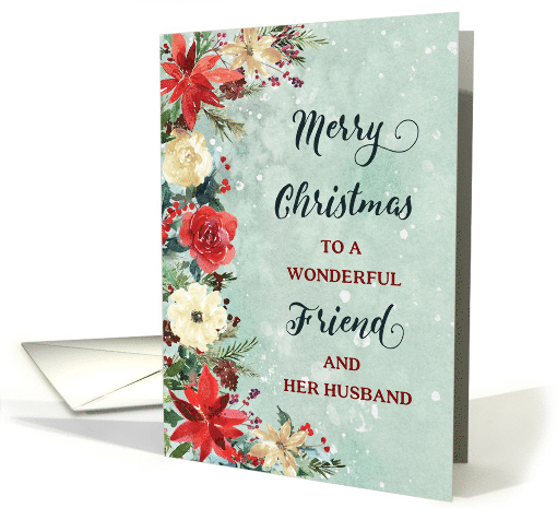 Snowy Rustic Floral Friend and her Husband Merry Christmas card