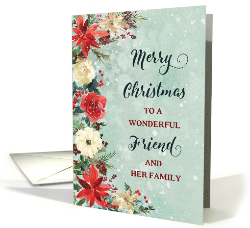 Snowy Rustic Floral Friend and her Family Merry Christmas card