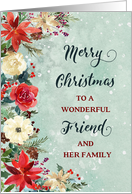 Snowy Rustic Floral Friend and her Family Merry Christmas card