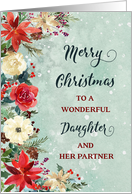 Snowy Rustic Floral Daughter and her Partner Merry Christmas card