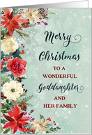 Snowy Rustic Floral Goddaughter and her Family Merry Christmas card