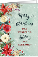 Snowy Rustic Floral Sister and her Family Merry Christmas card