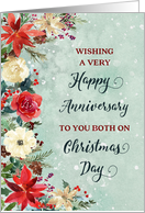 Snowy Rustic Floral Happy Anniversary on Christmas card